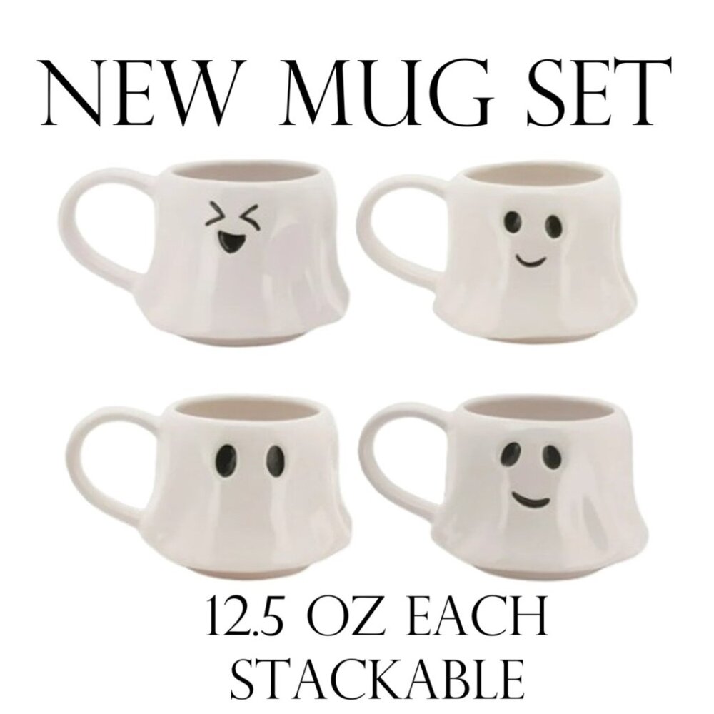 NEW Ceramic Ghost Mugs Mug Set of 4 Stacking Stackable White Stoneware Can hold